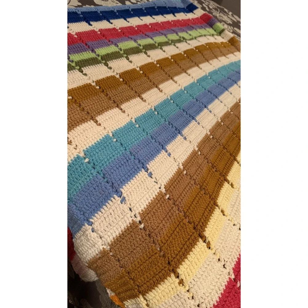 Vintage Large Rainbow Stripe Crochet Afghan Blanket‎ Handmade Throw 100x74